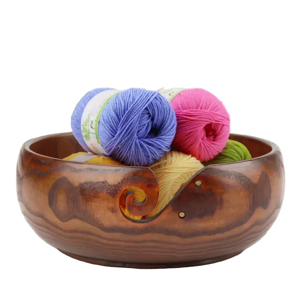 Maschly Runde Wollschale aus Holz mit Öffnungen – Knäuel-Halter für Stricken und Häkeln
